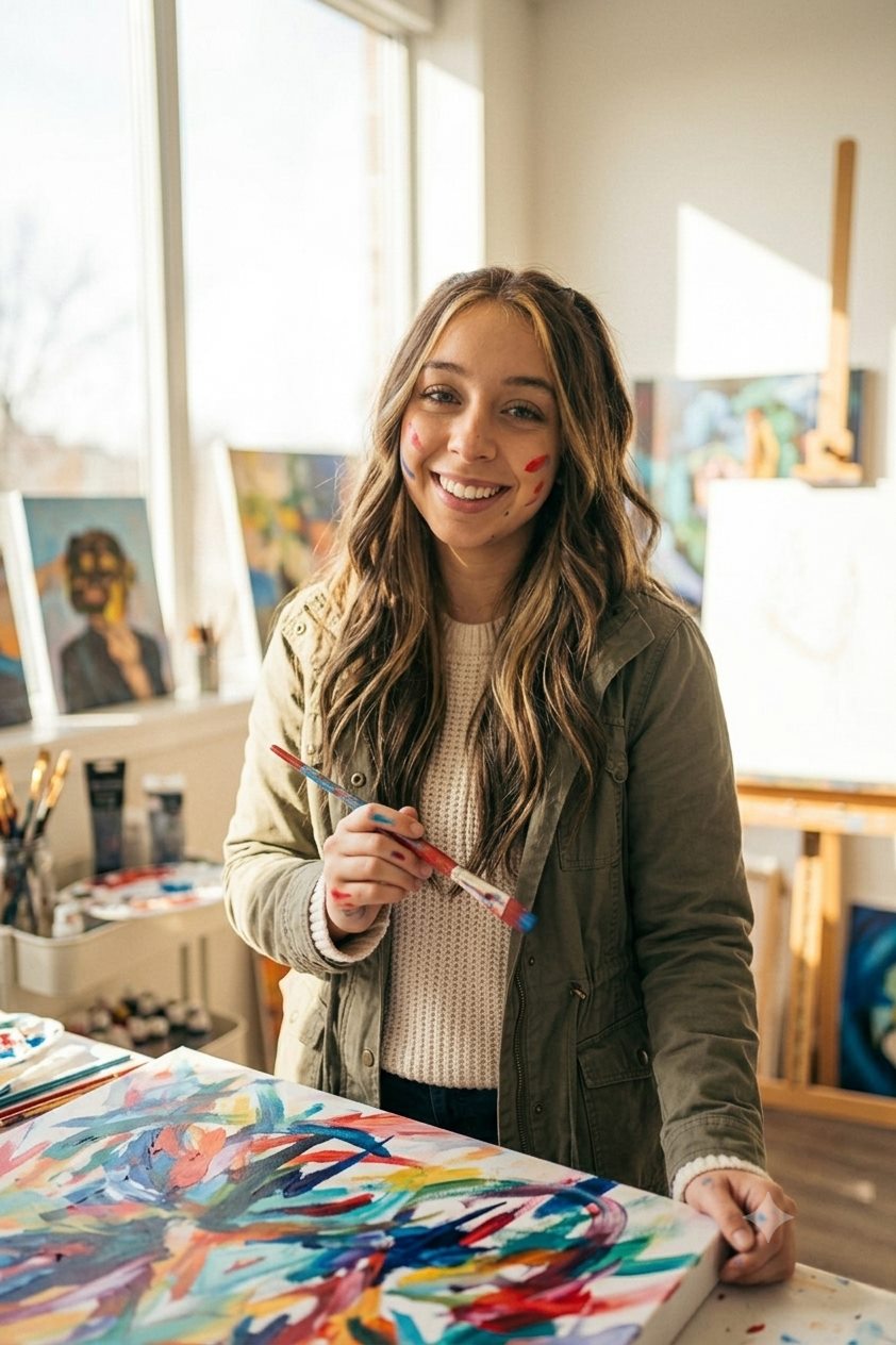 Avery holding a paintbrush beside a colorful canvas