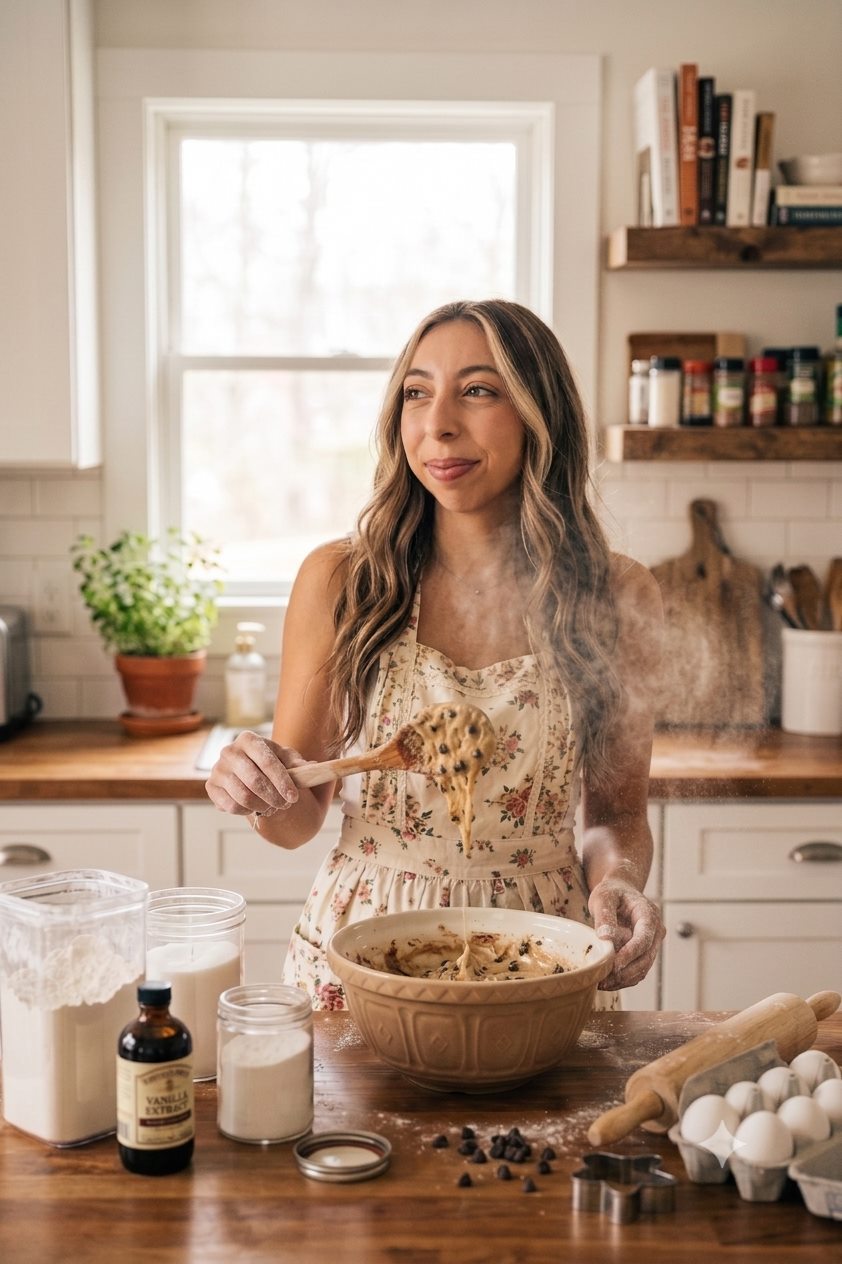 Avery baking cookies in a bright kitchen