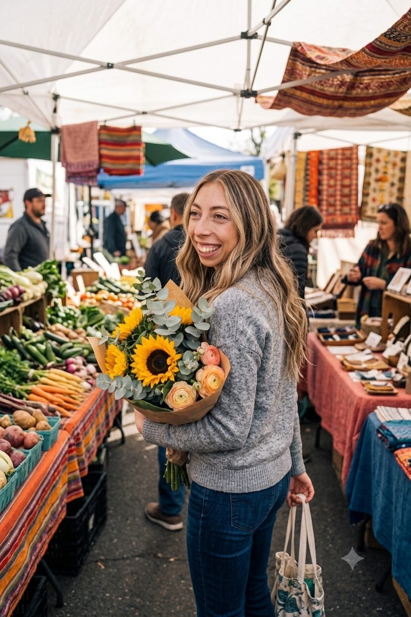 Avery carrying sunflowers through an outdoor market