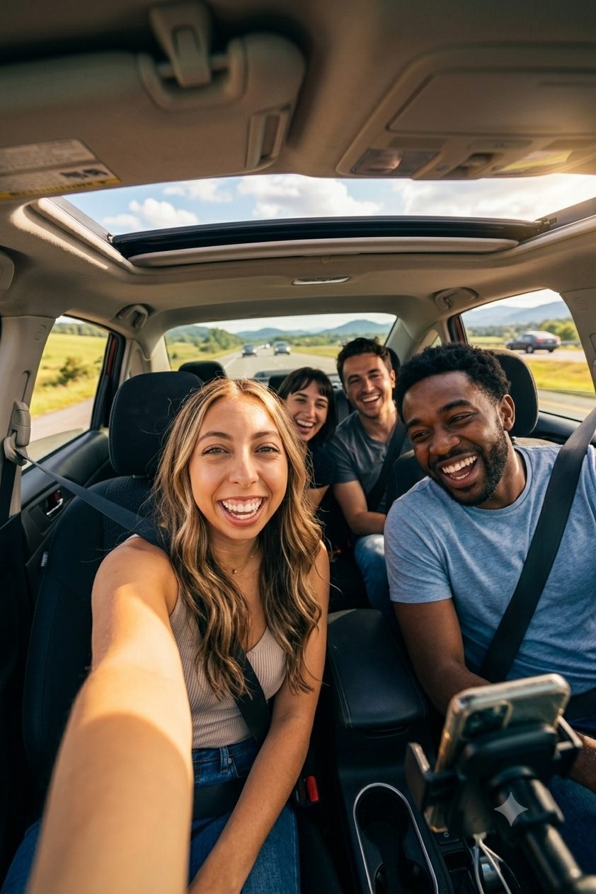 Avery taking a road-trip selfie with friends