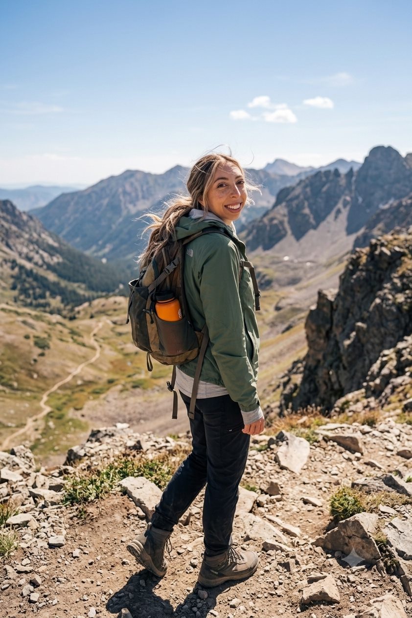 Avery smiling on a mountain hiking trail
