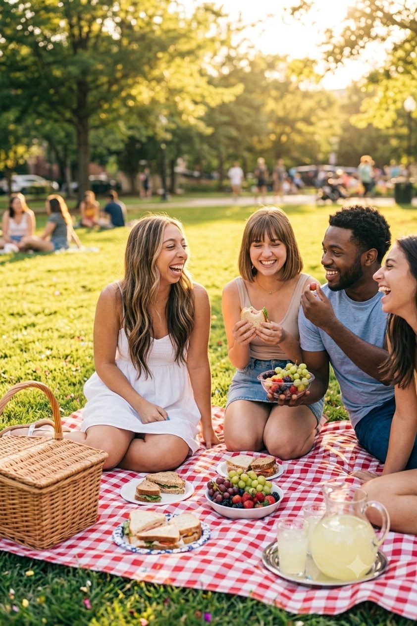 Avery laughing with friends during a sunny park picnic