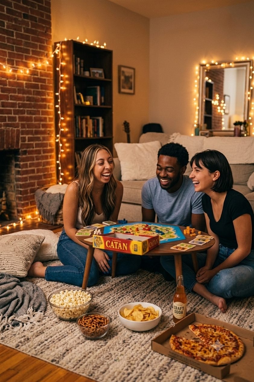 Avery laughing with friends during a cozy game night