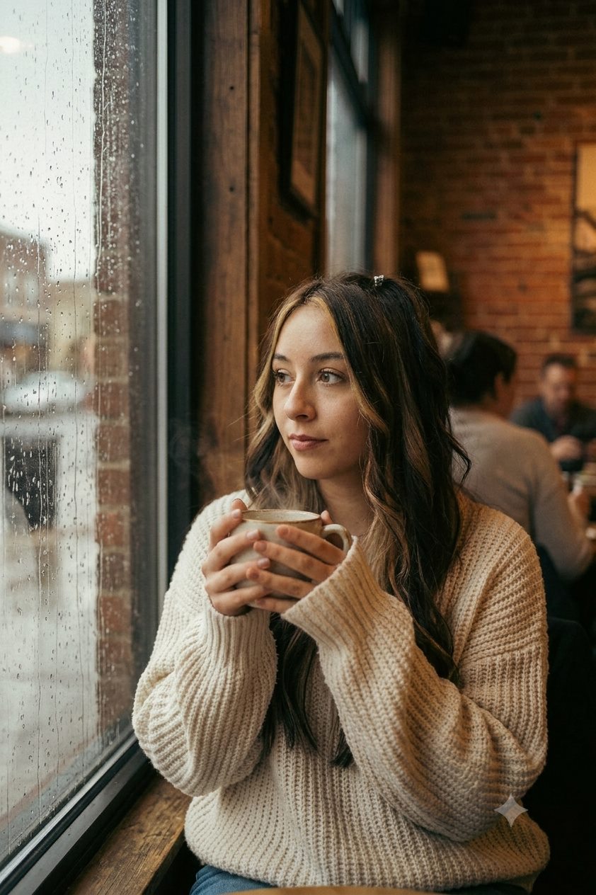 Avery holding a warm drink beside a rainy cafe window