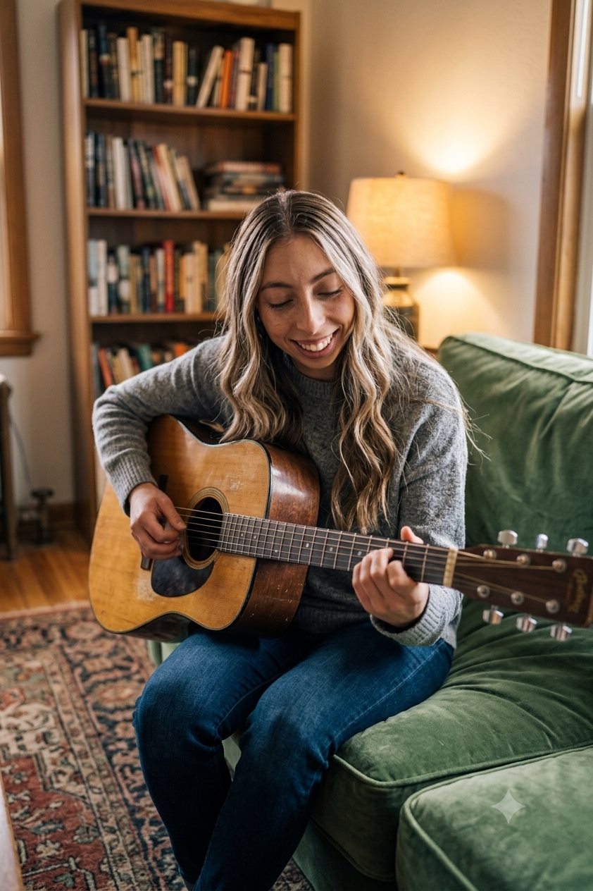 Avery playing an acoustic guitar at home