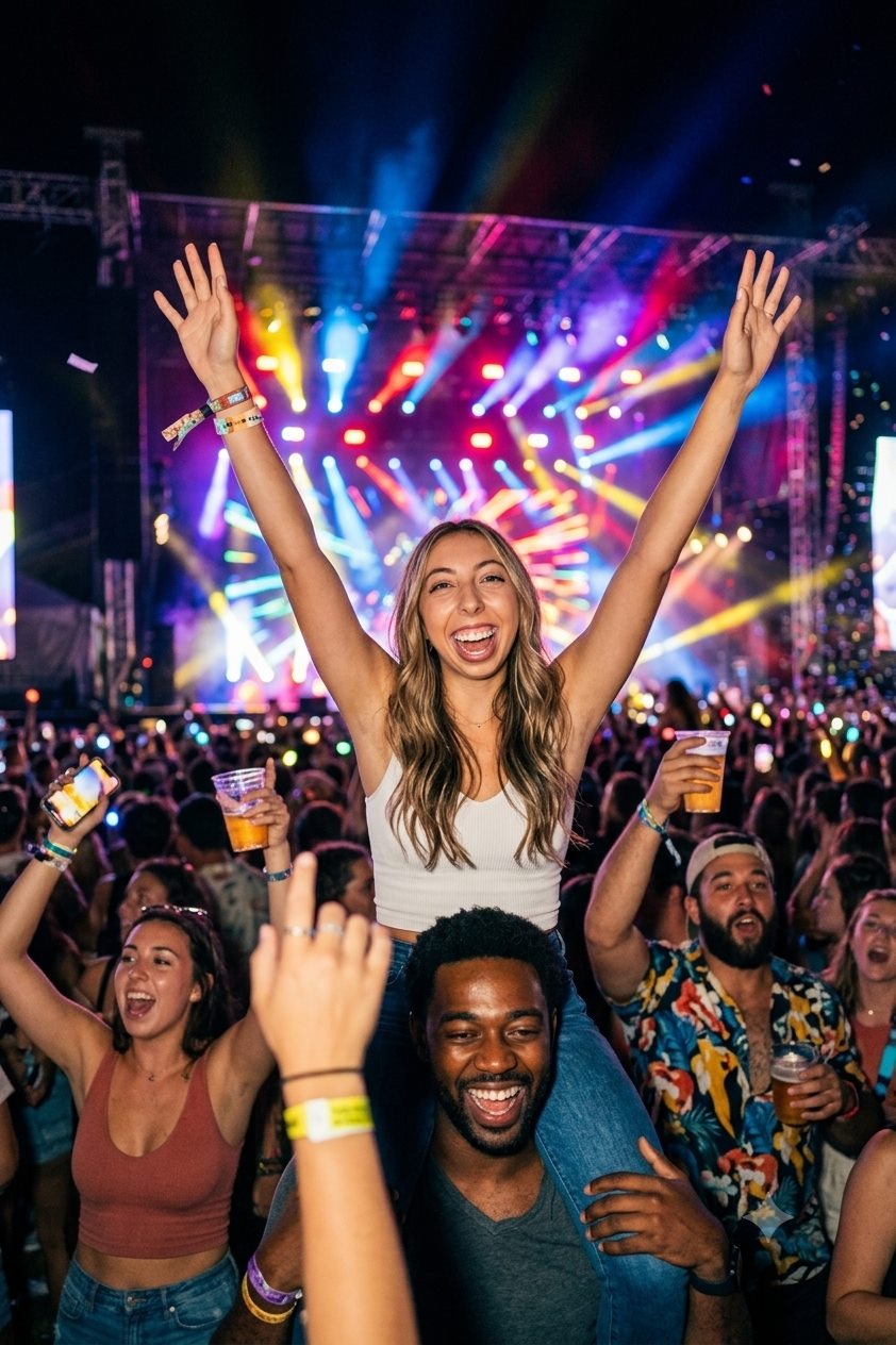 Avery celebrating with friends at a colorful concert